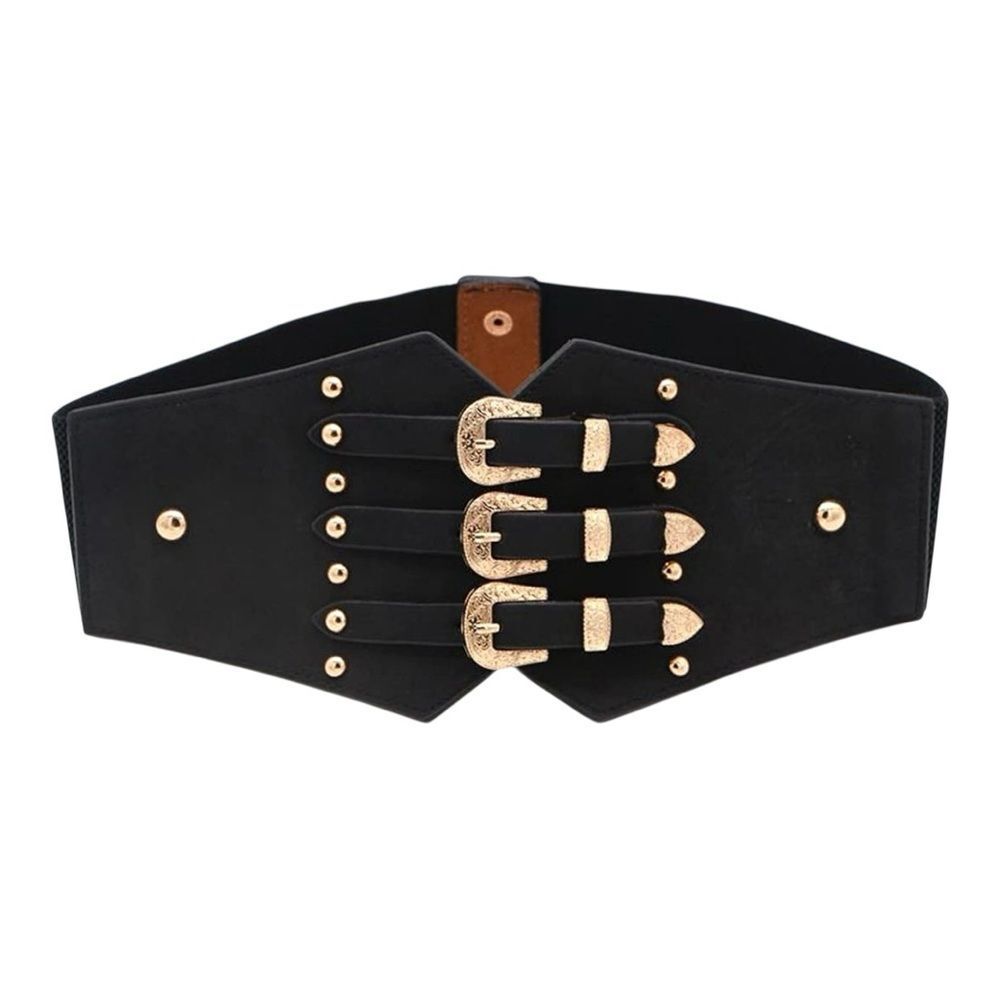 Black Wide Elastic Corset Belt Triple Buckle Detail Western Gold Accents